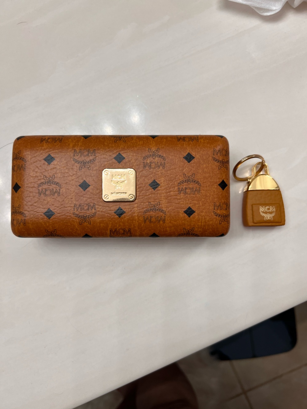 MCM Monogram Glasses Case in Cognac and Black with Parfum Hang Charm w/ cloth